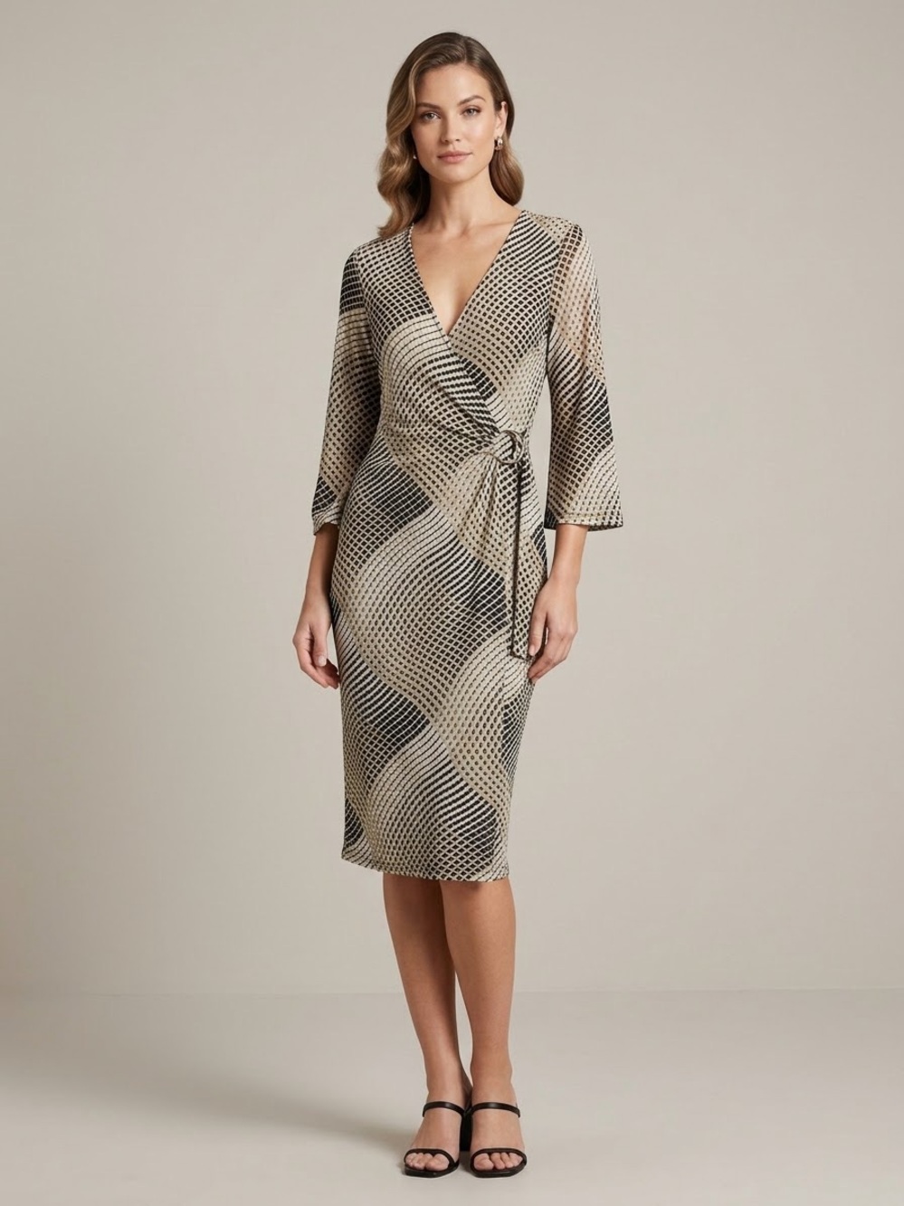 Blu by Reed Geometric Grid Print Faux Wrap Midi Dress O-Ring Accent Neutral Y2K